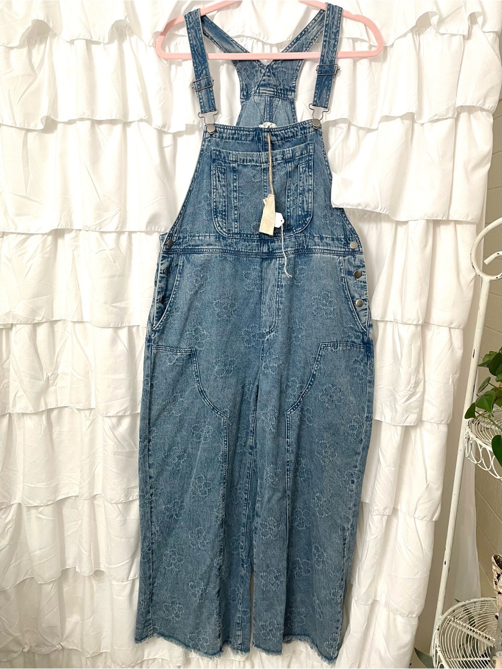 NWT easel Light Blue Floral-Print Denim Overalls